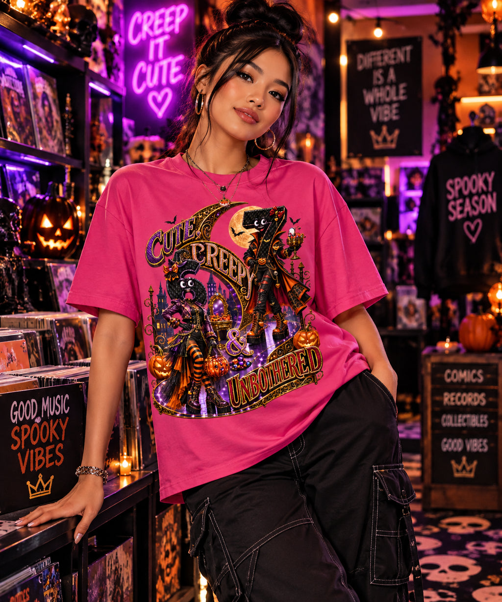 Halloween Cute Spooky Duo Oversized Graphic T-Shirt - Cute, Creepy & Unbothered - Unisex