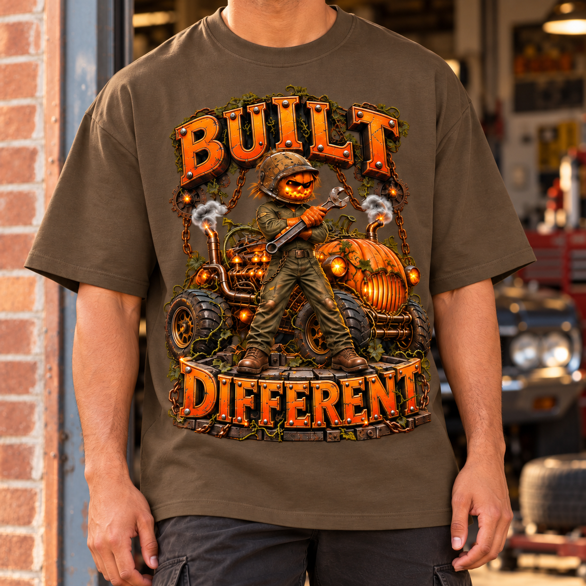 Halloween Built Different Pumpkin Mechanic Oversized Graphic T-Shirt - Unisex