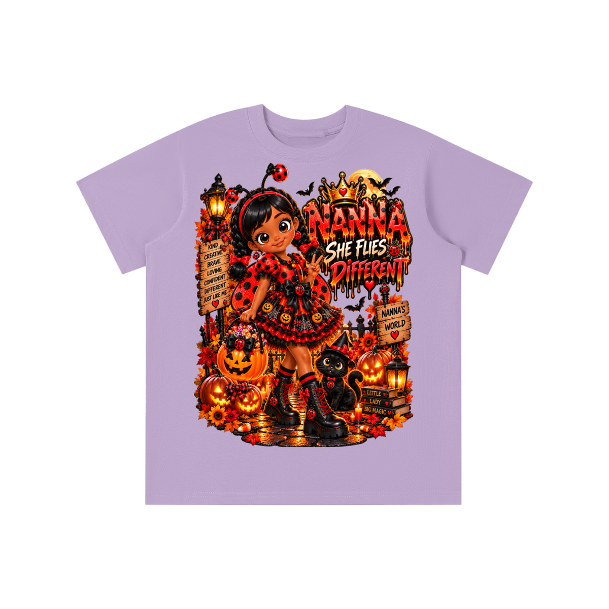 Nanna’s World™ Dream Big Halloween Ladybug Girl Graphic T-Shirt - She Flies Different - Youth Unisex Tee