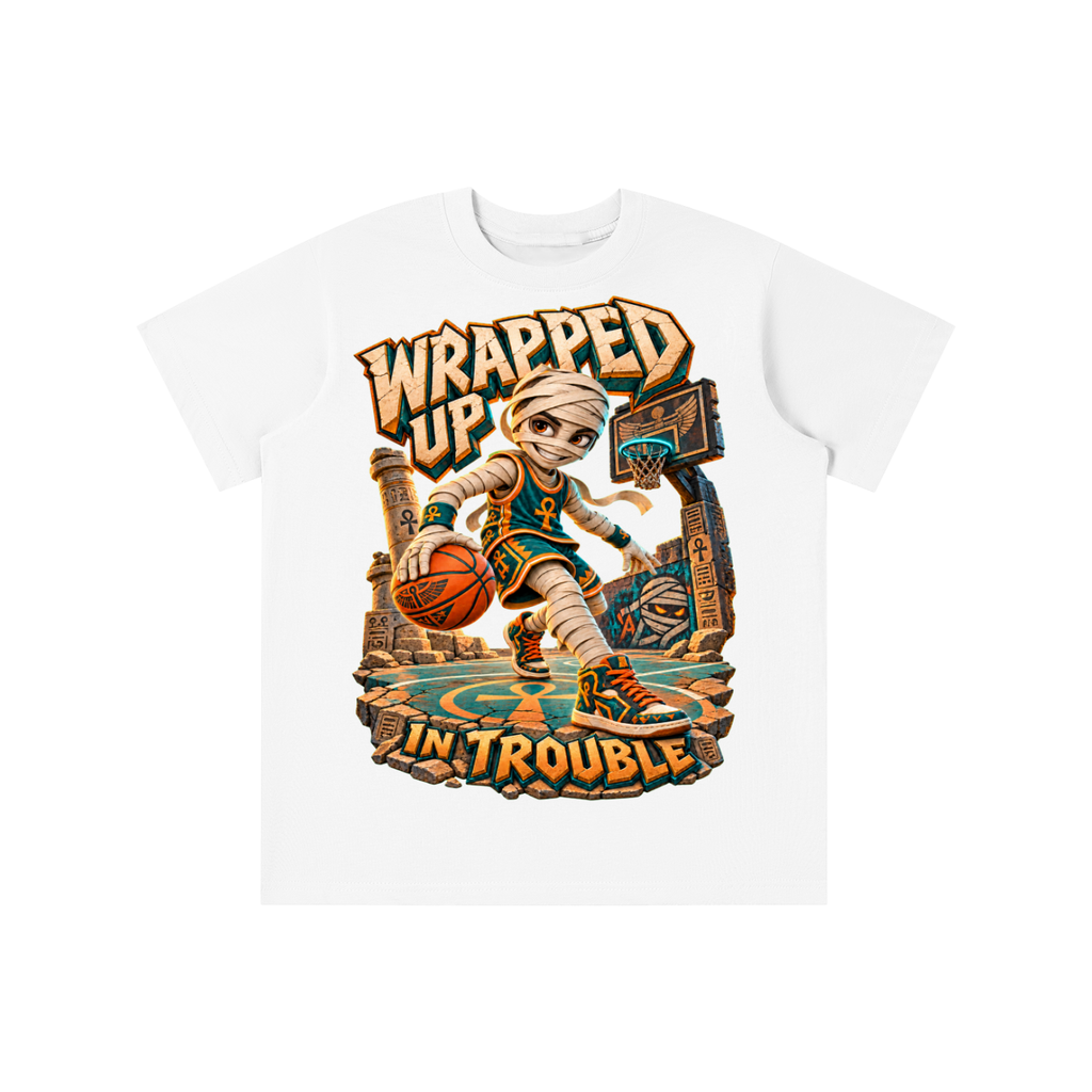 Halloween Mummy Basketball Graphic T-Shirt - Wrapped Up in Trouble - Youth Unisex Tee