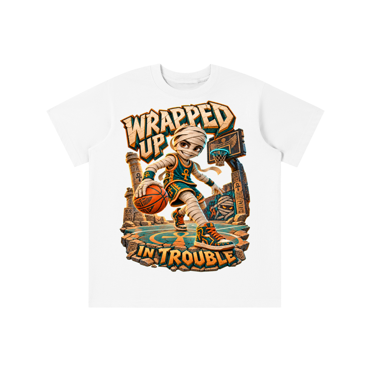 Halloween Mummy Basketball Graphic T-Shirt - Wrapped Up in Trouble - Youth Unisex Tee