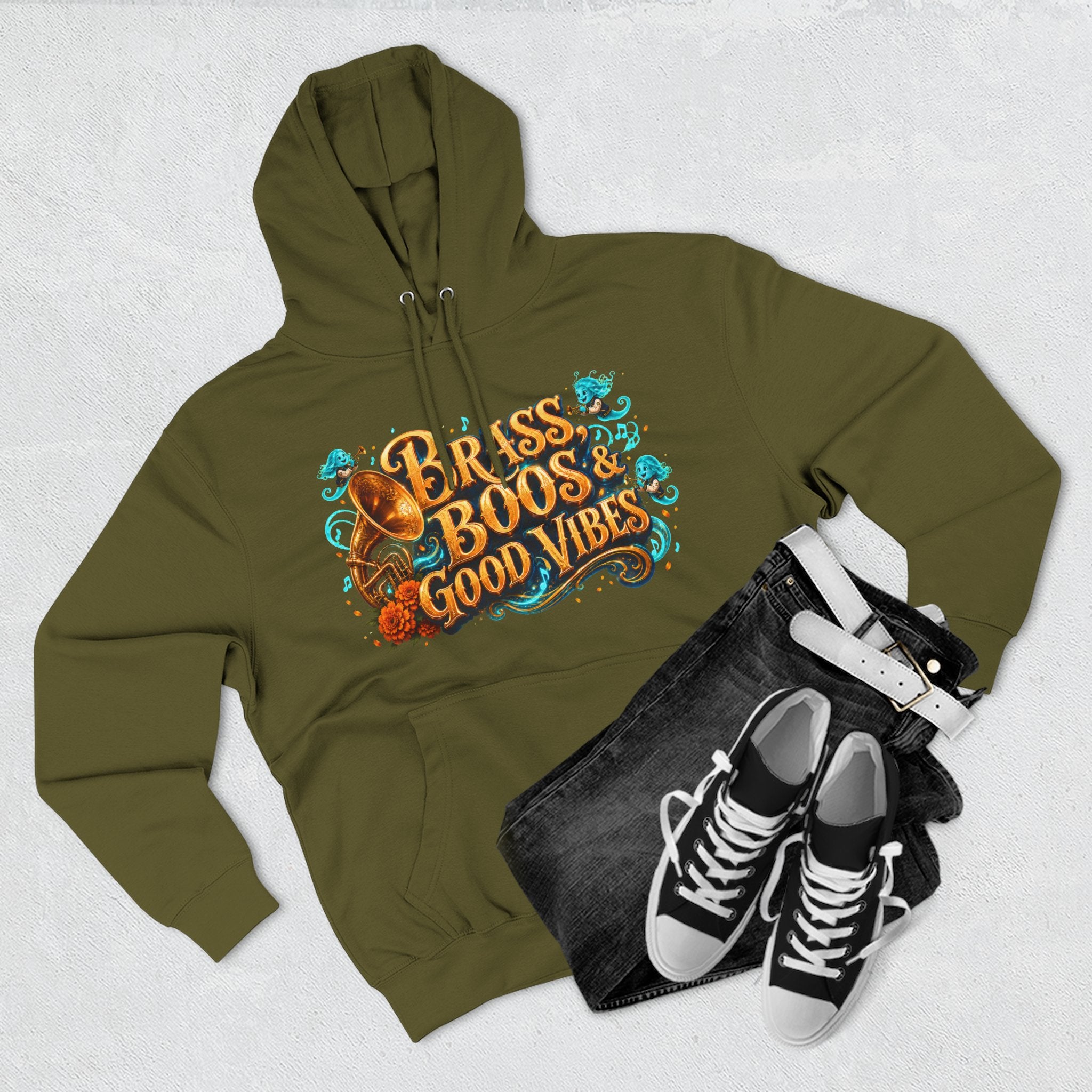 Brass, Boos & Good Vibes — Skeleton Brass Parade Halloween Hoodie | Adult Unisex