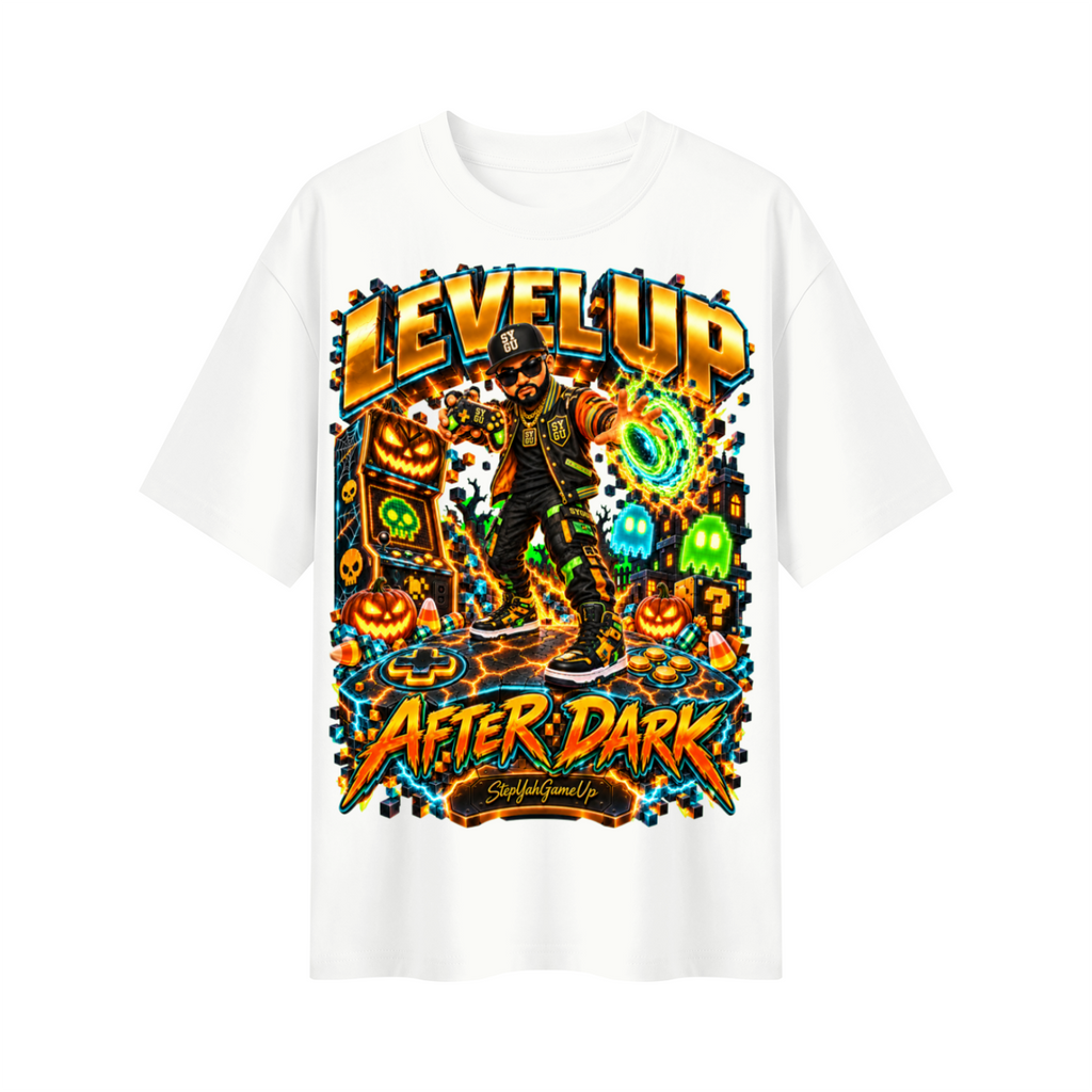 StepYahGameUp Halloween Arcade Gamer Oversized Graphic T-Shirt - Level Up After Dark - Unisex