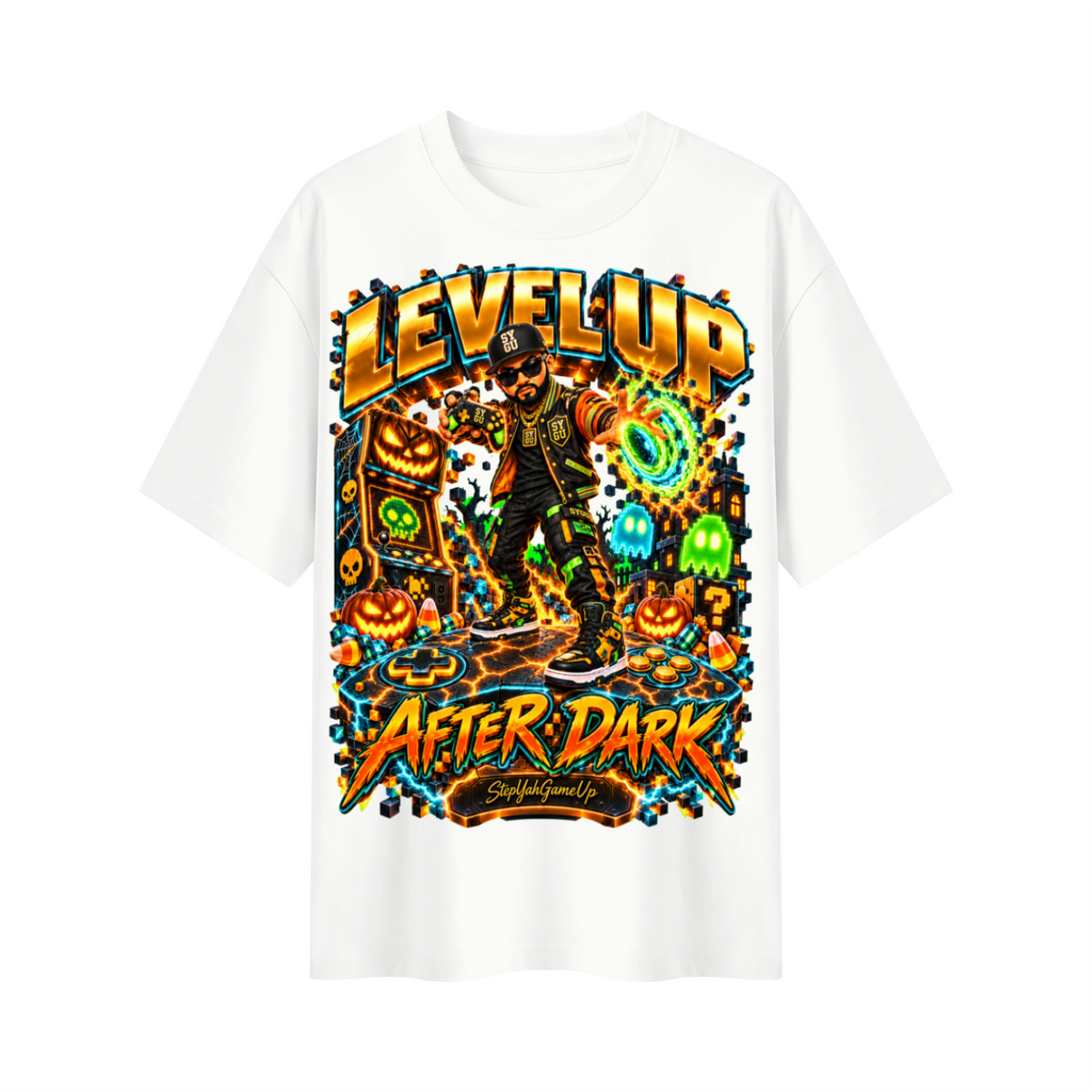 StepYahGameUp Halloween Arcade Gamer Oversized Graphic T-Shirt - Level Up After Dark - Unisex
