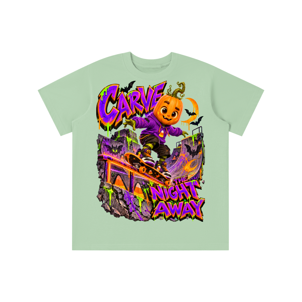 Halloween Pumpkin Skateboarder Graphic T-Shirt - Carve the Night Away - Youth Unisex Tee