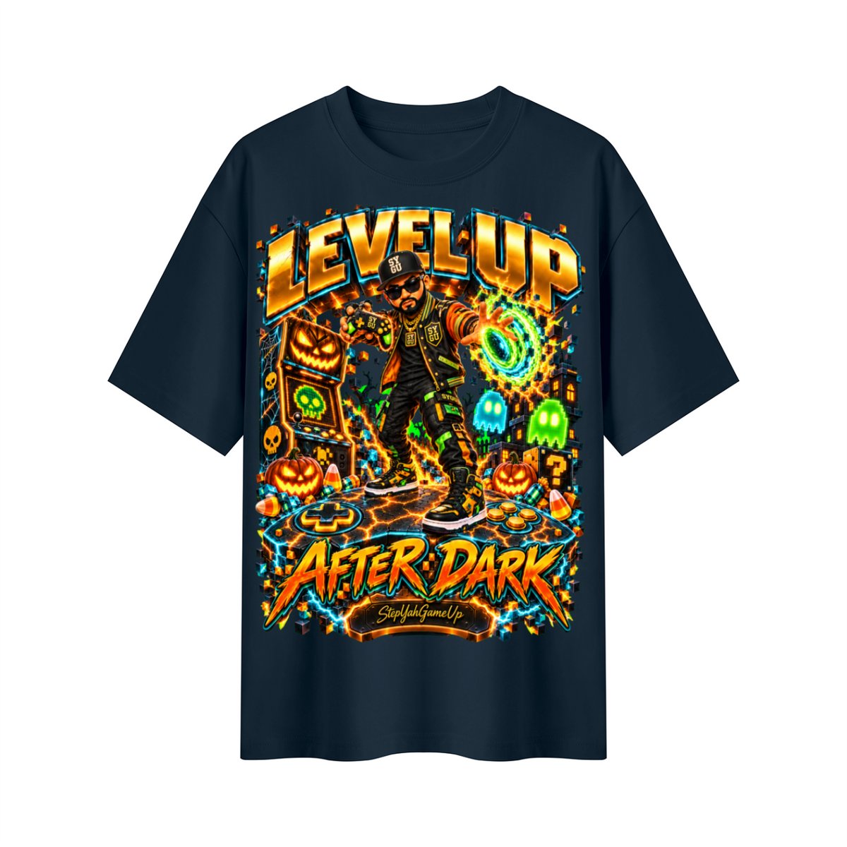 StepYahGameUp Halloween Arcade Gamer Oversized Graphic T-Shirt - Level Up After Dark - Unisex