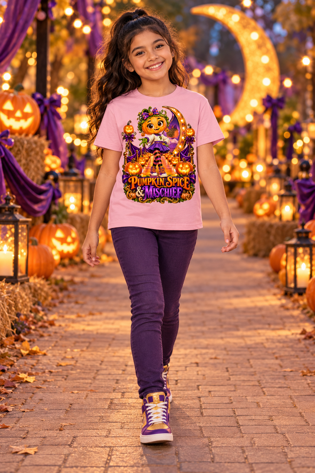 Halloween Pumpkin Girl Graphic T-Shirt - Pumpkin Spice & Mischief - Youth Unisex Tee