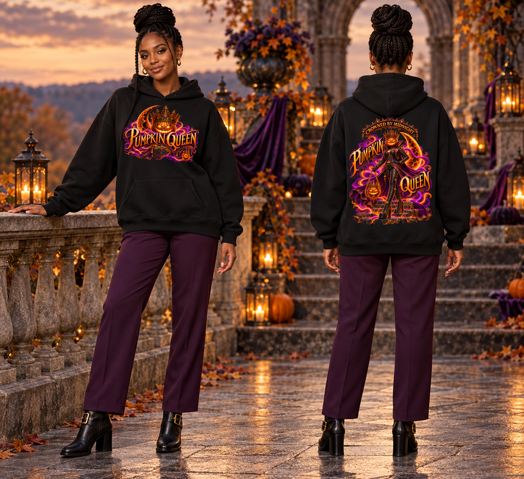 Halloween Pumpkin Queen Front & Back Graphic Hoodie - Crowned by Midnight - Unisex