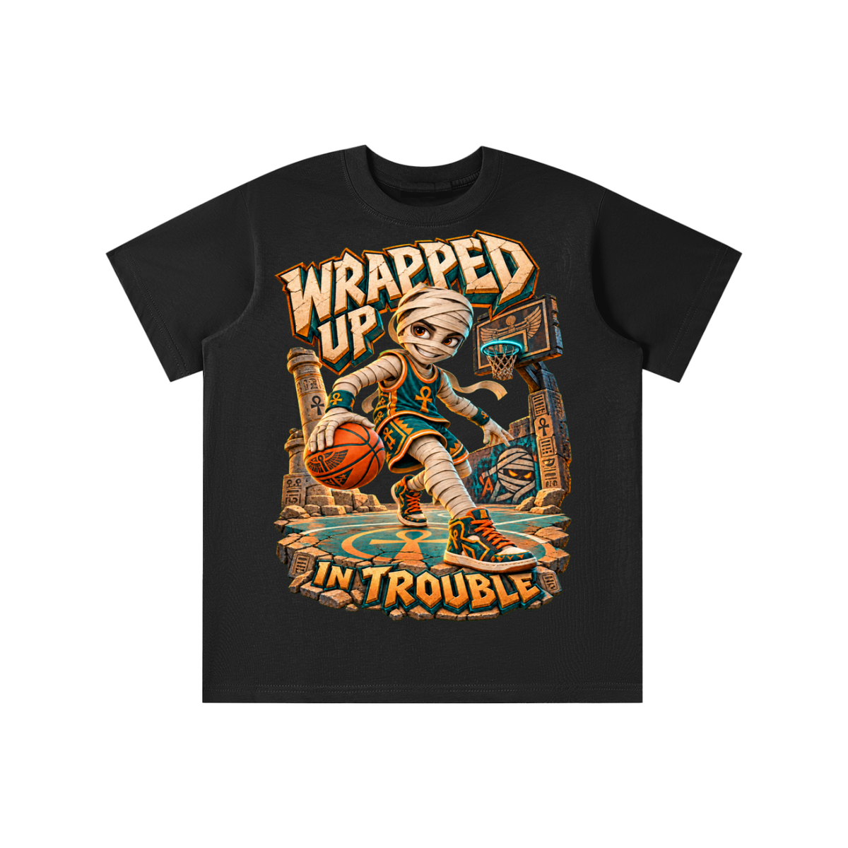 Halloween Mummy Basketball Graphic T-Shirt - Wrapped Up in Trouble - Youth Unisex Tee