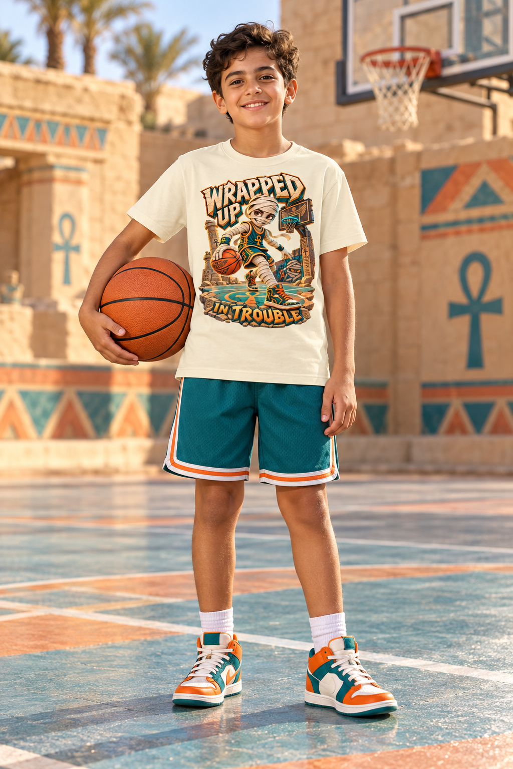 Halloween Mummy Basketball Graphic T-Shirt - Wrapped Up in Trouble - Youth Unisex Tee