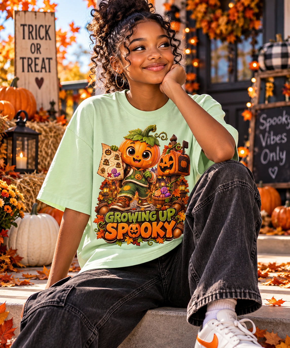 Halloween Pumpkin Kid Oversized Graphic T-Shirt - Growing Up Spooky - Unisex