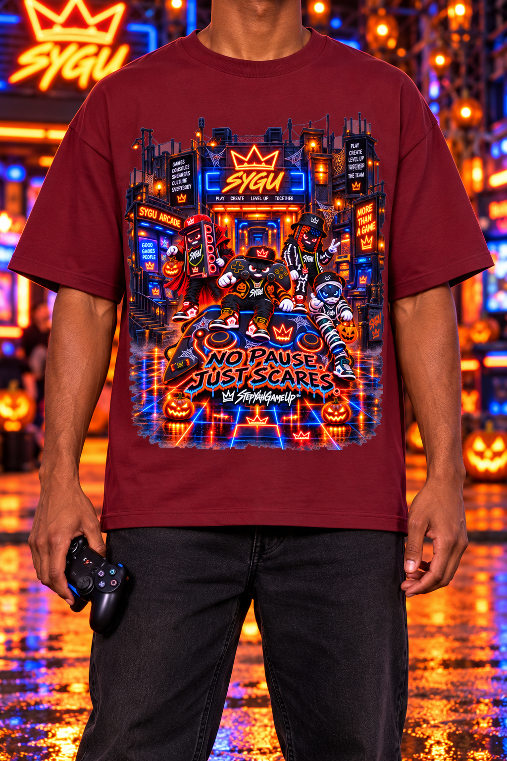 StepYahGameUp™ Halloween Gamer Oversized Graphic T-Shirt - No Pause Just Scares - Unisex