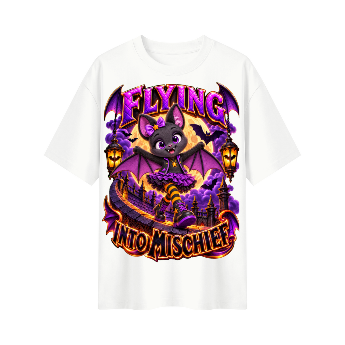 Halloween Bat Girl Oversized Graphic T-Shirt - Flying Into Mischief - Unisex