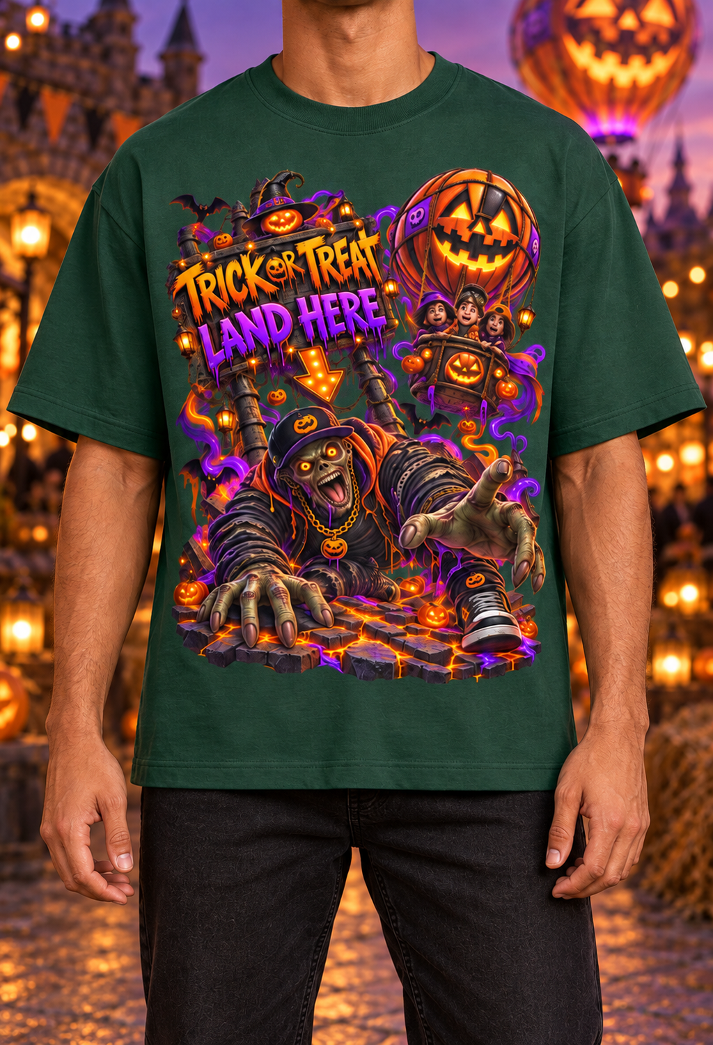 Halloween Trick or Treat Land Here Oversized Graphic T-Shirt - Wrong Place to Land - Unisex
