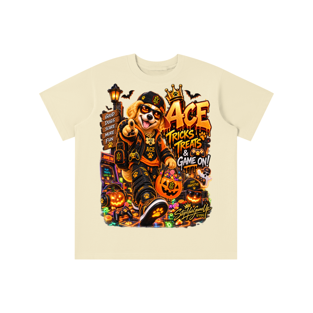 StepYahGameUp Halloween Gamer Dog Graphic T-Shirt - Tricks & Treats, Game On! - Youth Unisex Tee