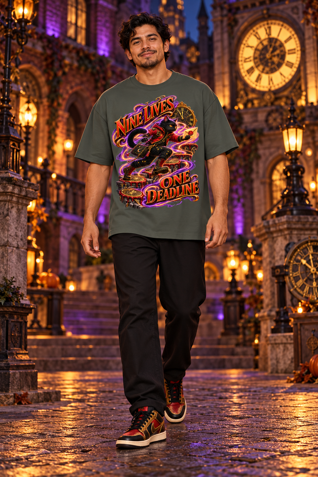 Halloween Nine Lives One Deadline Black Cat Oversized Graphic T-Shirt - Unisex