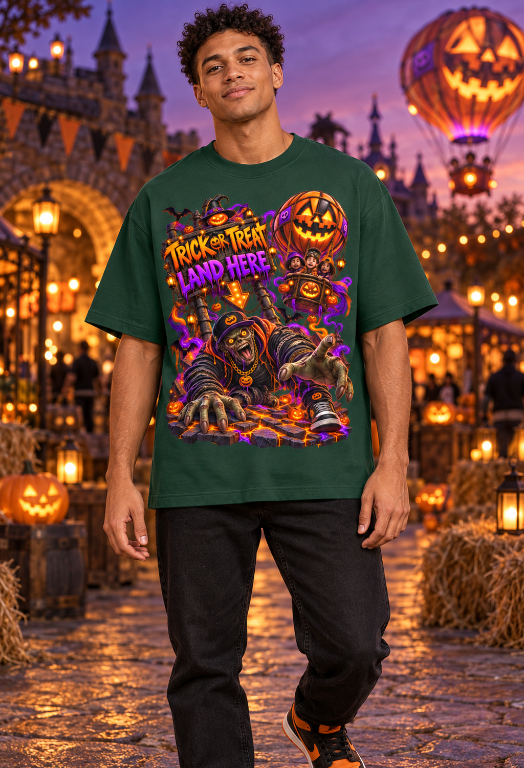 Halloween Trick or Treat Land Here Oversized Graphic T-Shirt - Wrong Place to Land - Unisex