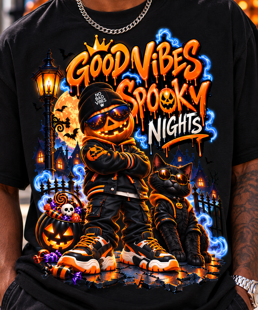 Halloween Pumpkin Kid Oversized Graphic T-Shirt - Good Vibes Spooky Nights - Unisex