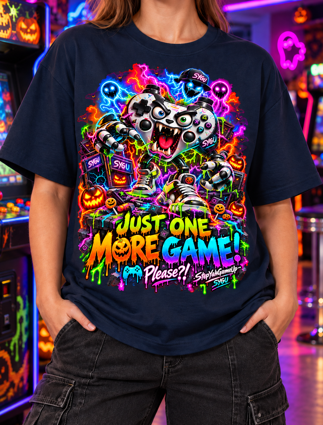 StepYahGameUp™ Halloween Just One More Game Please Oversized Graphic T-Shirt - Unisex