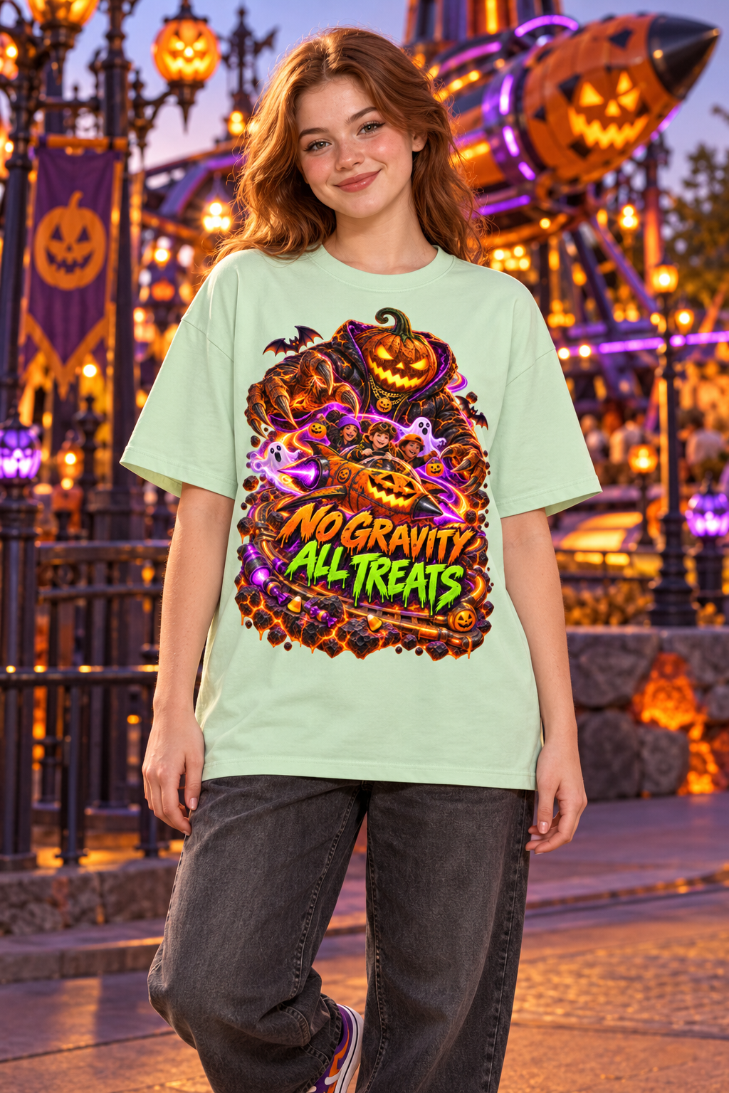 Halloween No Gravity All Treats Oversized Graphic T-Shirt - Unisex
