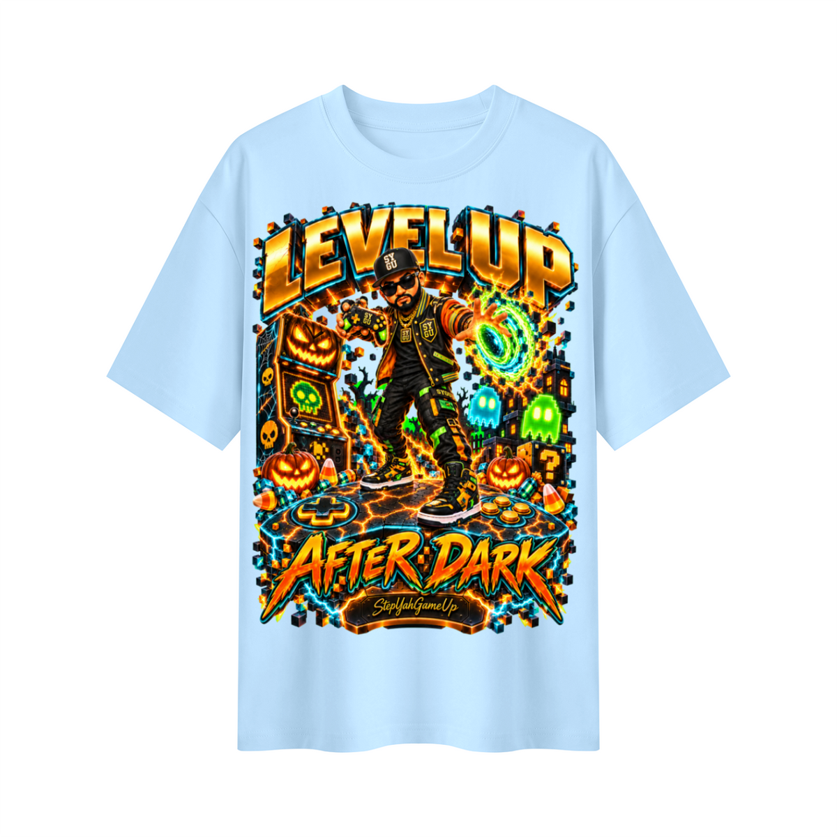 StepYahGameUp Halloween Arcade Gamer Oversized Graphic T-Shirt - Level Up After Dark - Unisex