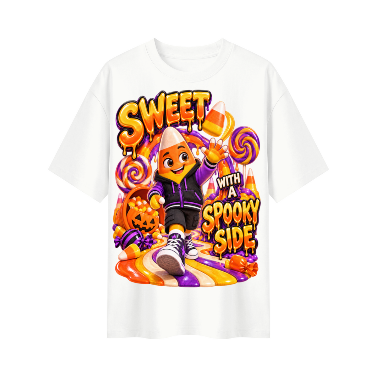Halloween Candy Corn Oversized Graphic T-Shirt - Sweet With a Spooky Side - Unisex