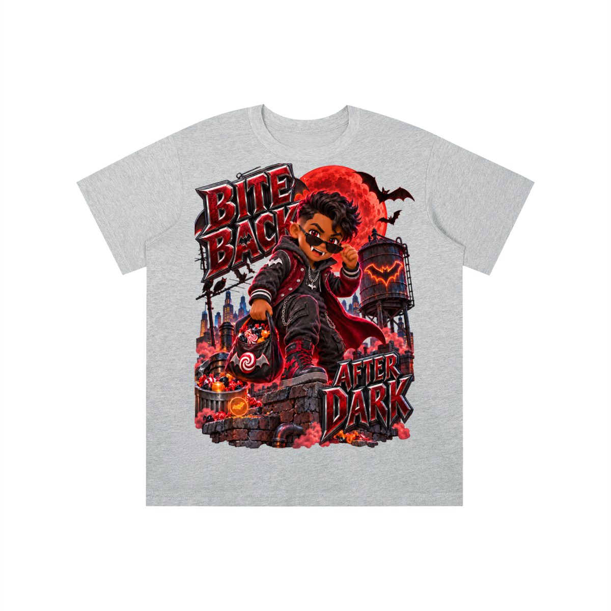 Halloween Vampire Kid Graphic T-Shirt - Bite Back After Dark - Youth Unisex Tee