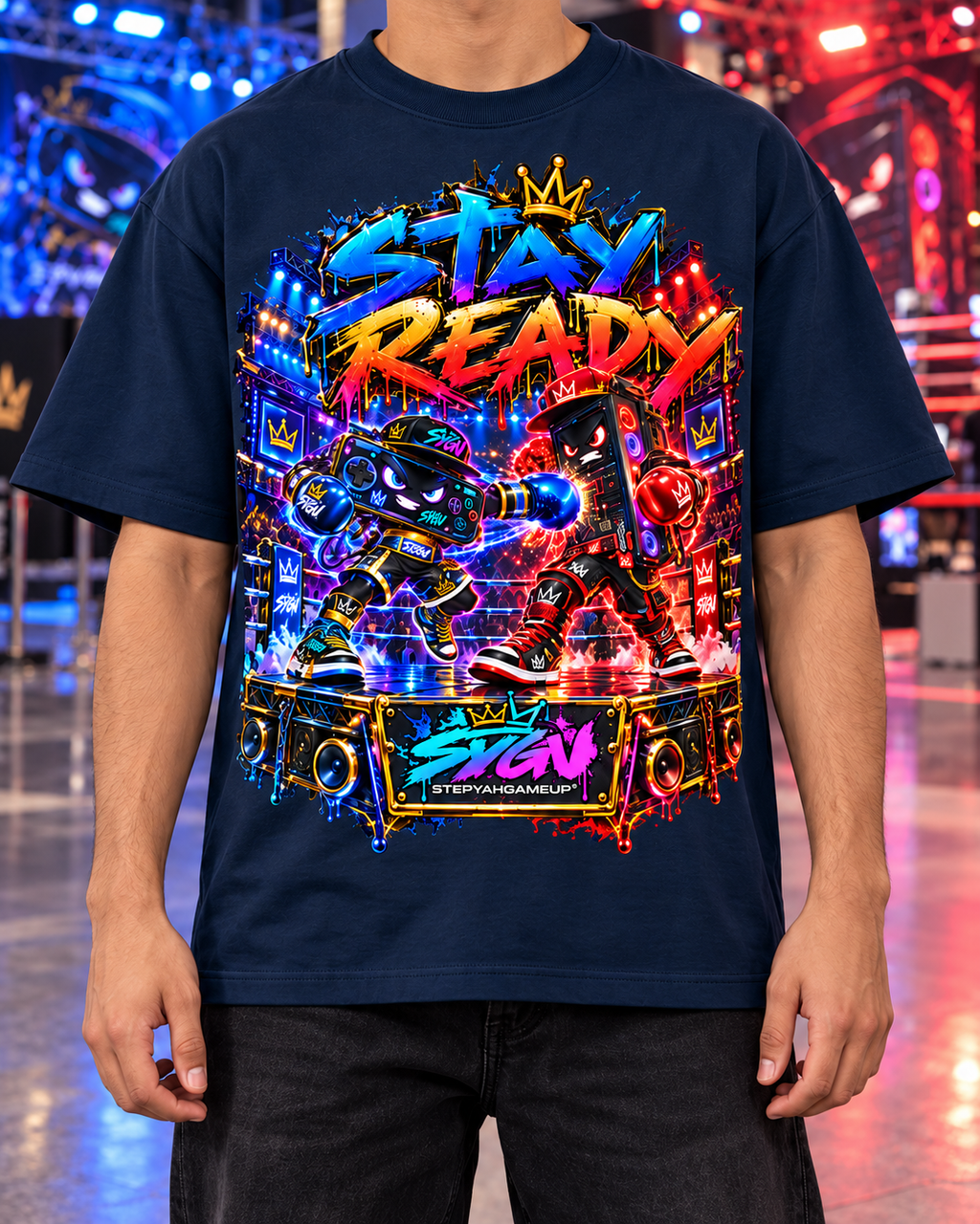 StepYahGameUp™ Stay Ready Mobile vs. PC Oversized Graphic T-Shirt - Unisex