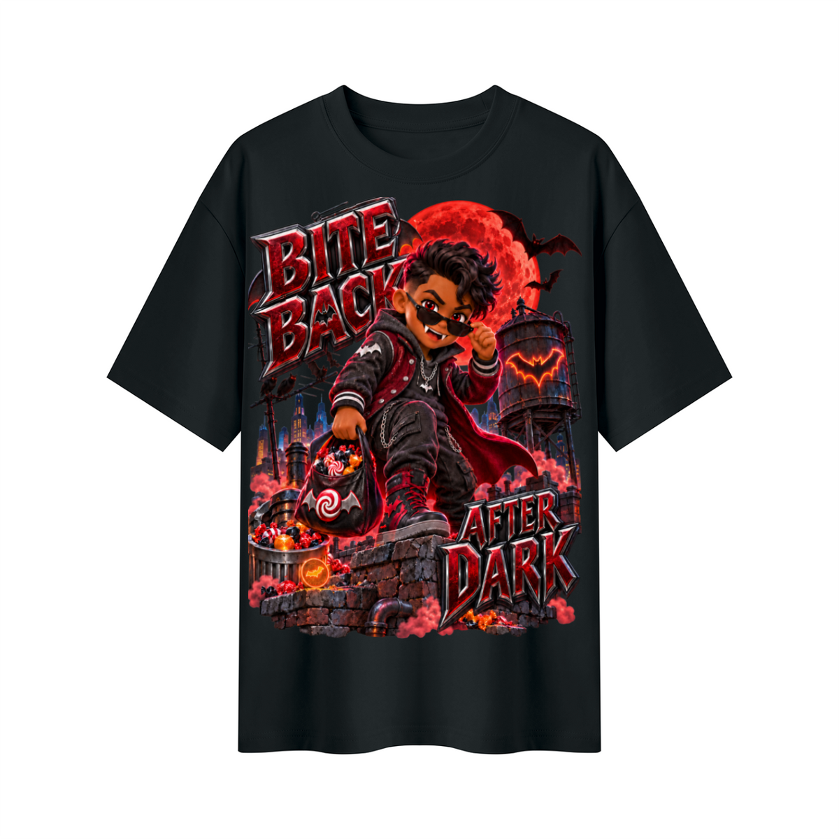 Halloween Kid Vampire Oversized Graphic T-Shirt - Bite Back After Dark - Unisex