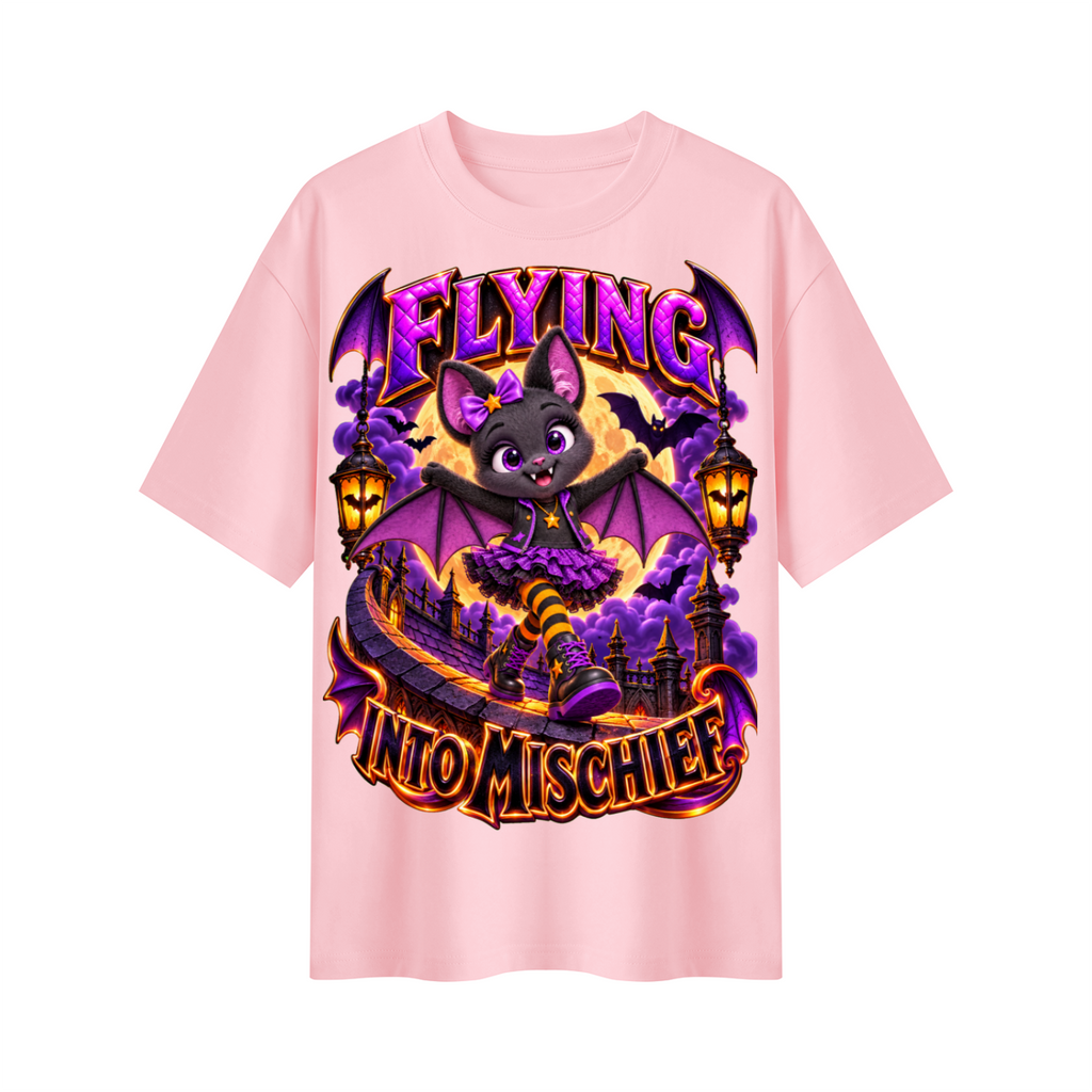 Halloween Bat Girl Oversized Graphic T-Shirt - Flying Into Mischief - Unisex