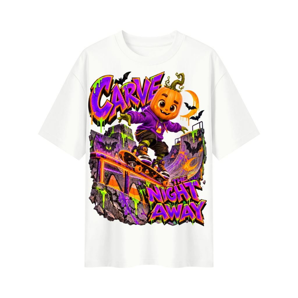 Halloween Pumpkin Skateboard Oversized Graphic T-Shirt - Carve the Night Away - Unisex