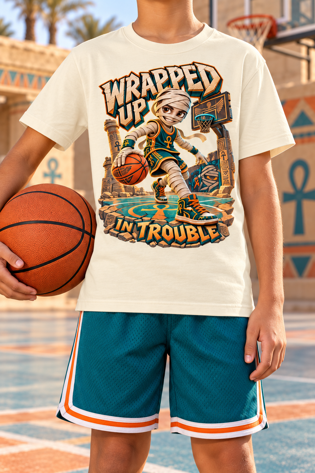 Halloween Mummy Basketball Graphic T-Shirt - Wrapped Up in Trouble - Youth Unisex Tee