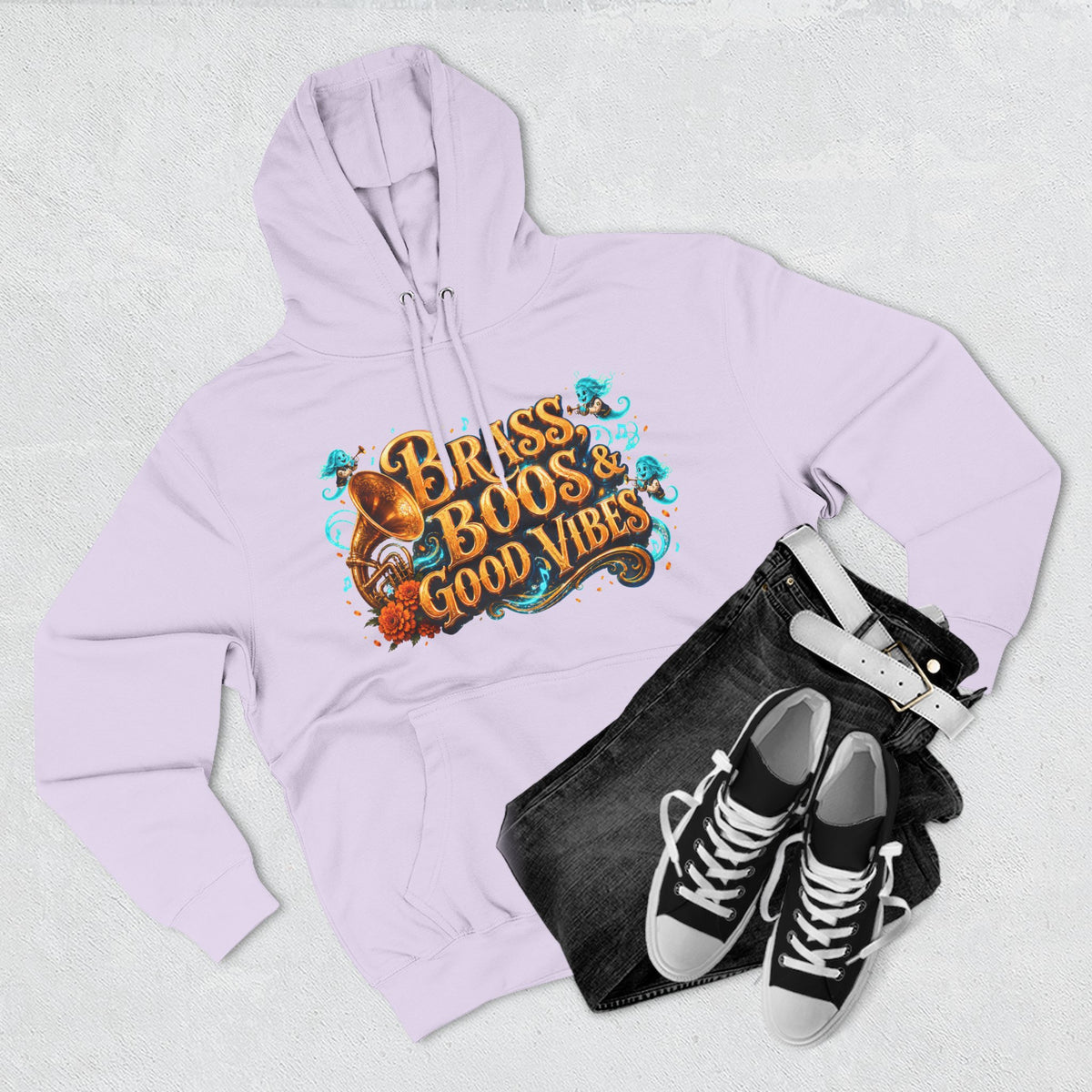 Brass, Boos & Good Vibes — Skeleton Brass Parade Halloween Hoodie | Adult Unisex