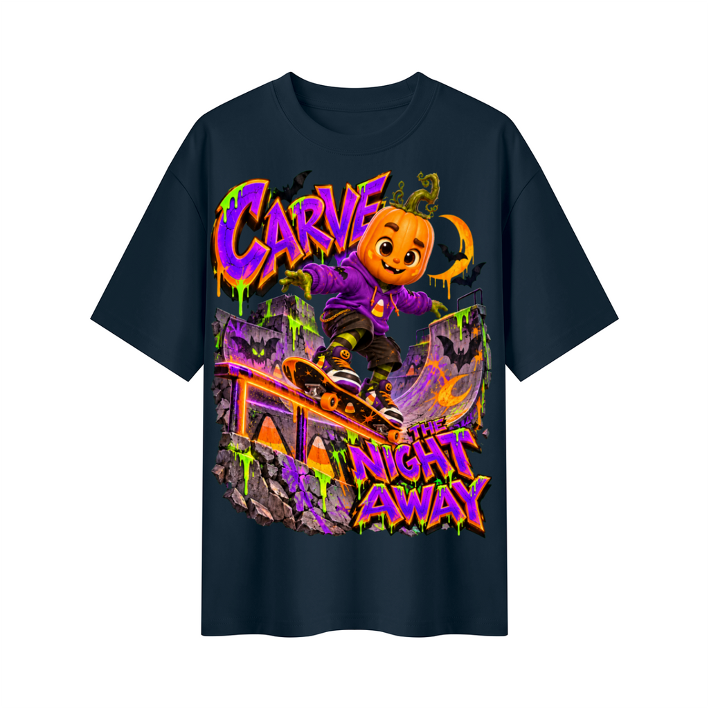 Halloween Pumpkin Skateboard Oversized Graphic T-Shirt - Carve the Night Away - Unisex