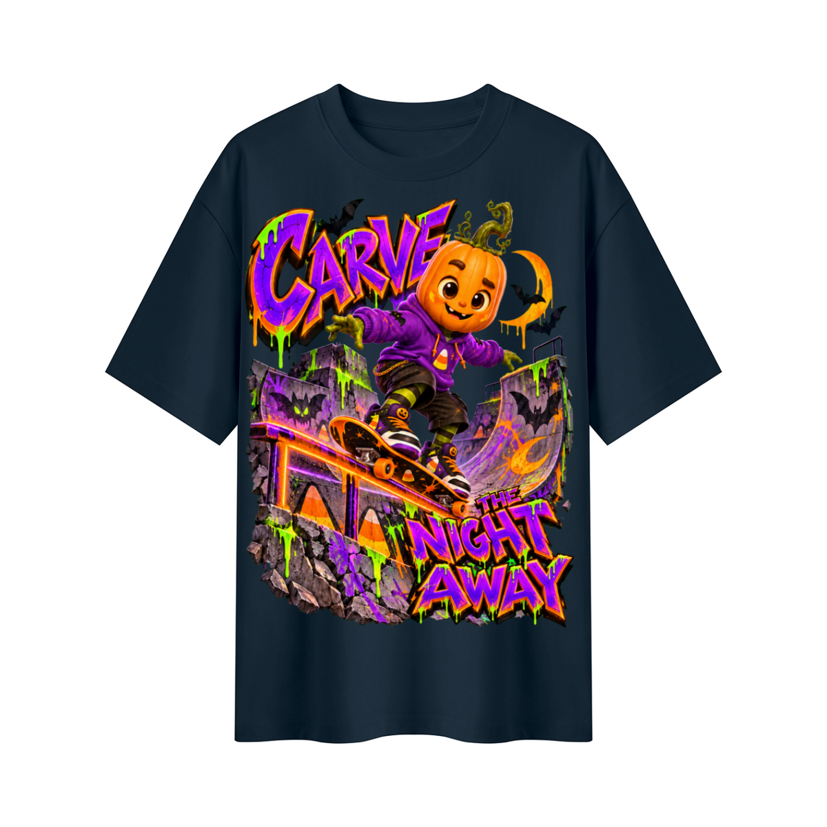 Halloween Pumpkin Skateboard Oversized Graphic T-Shirt - Carve the Night Away - Unisex