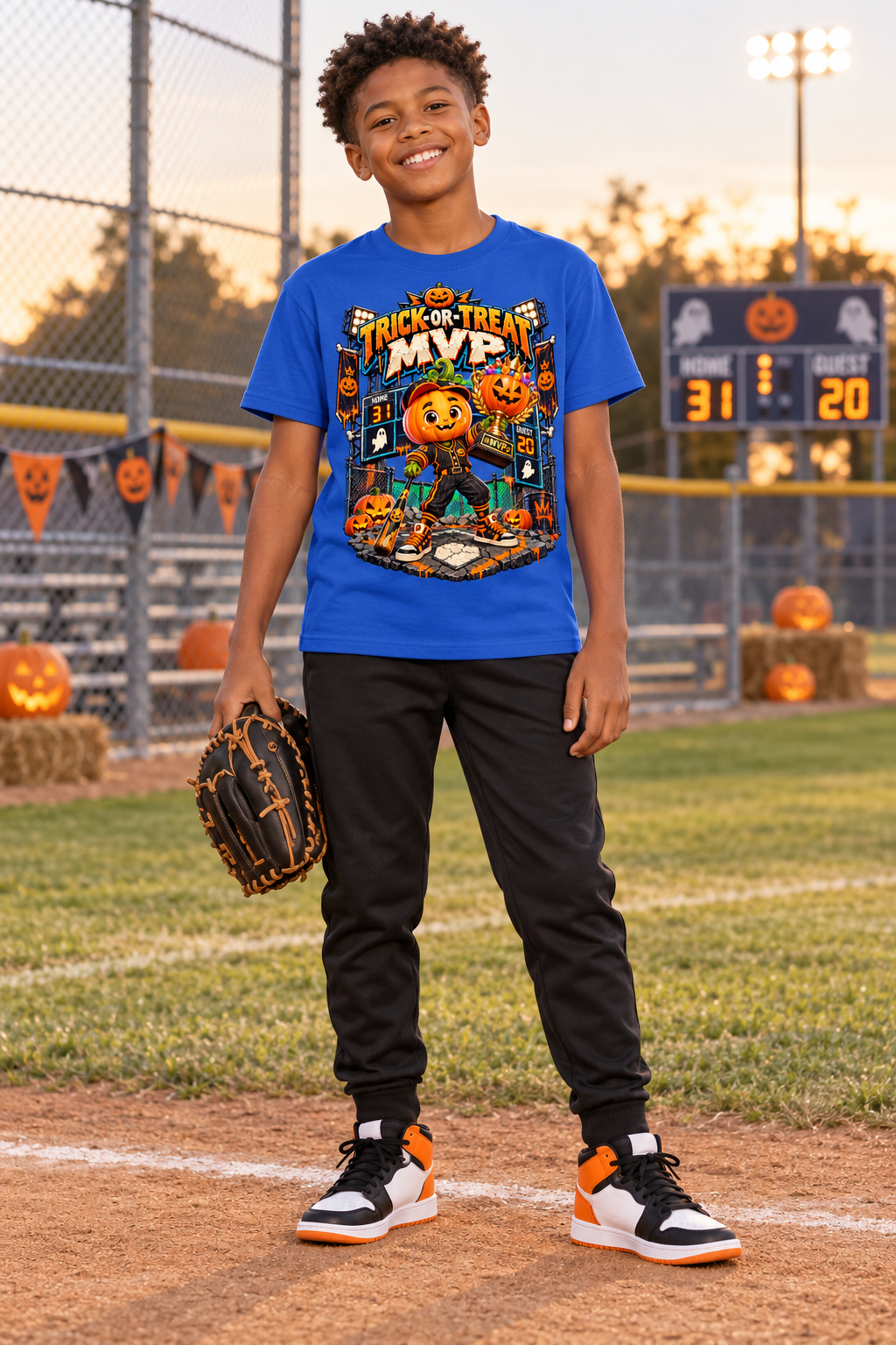 Halloween Pumpkin Sports Graphic T-Shirt - Trick-or-Treat MVP - Youth Unisex Tee