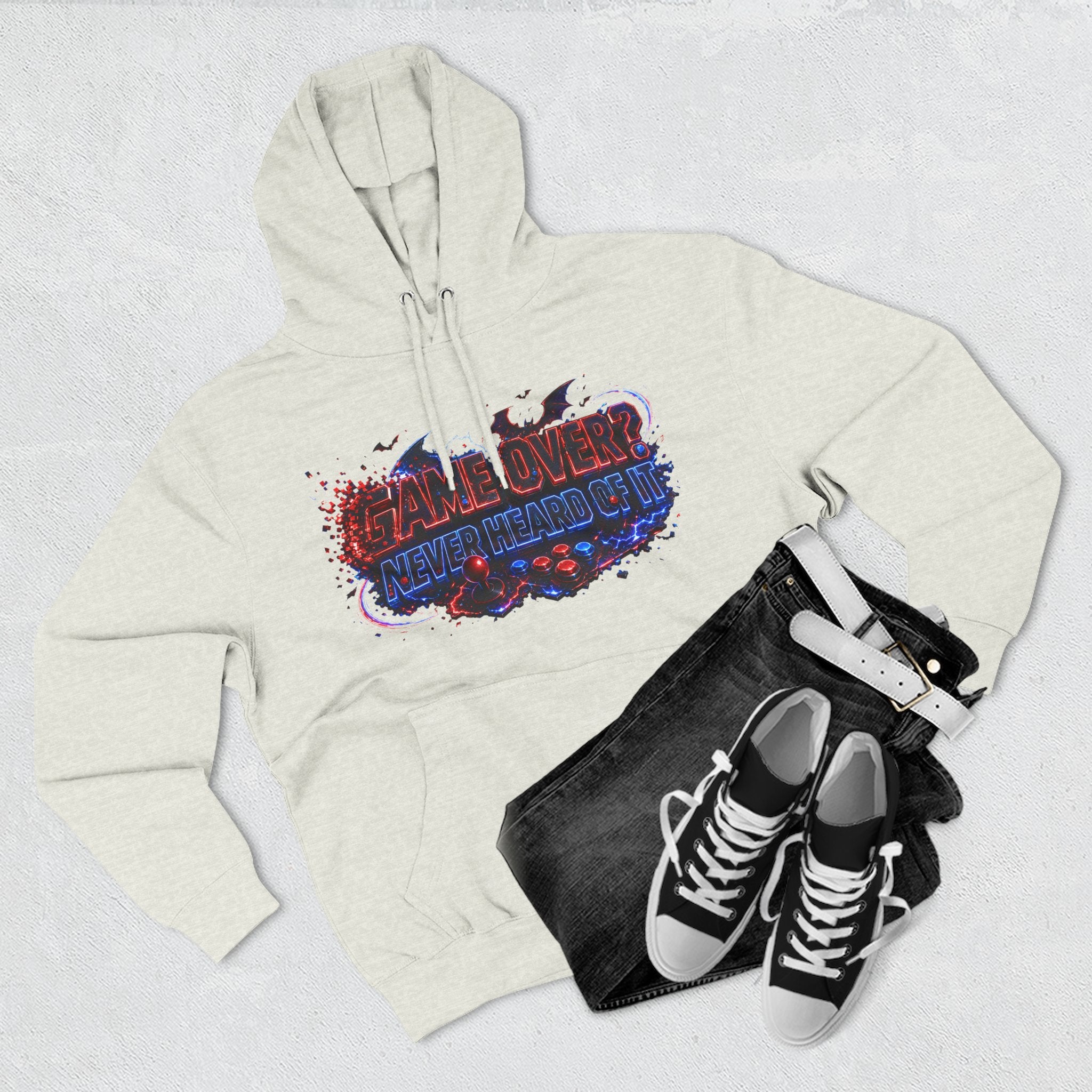 Game Over? Never Heard of It — Midnight Bat Arcade Halloween Hoodie | Adult Unisex