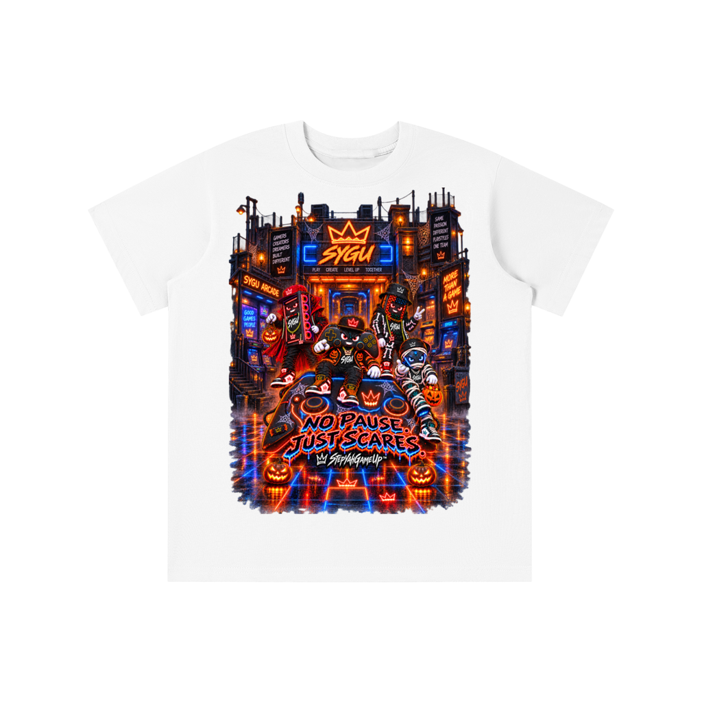 StepYahGameUp™ Halloween Gamer Graphic T-Shirt - No Pause Just Scares - Youth Unisex