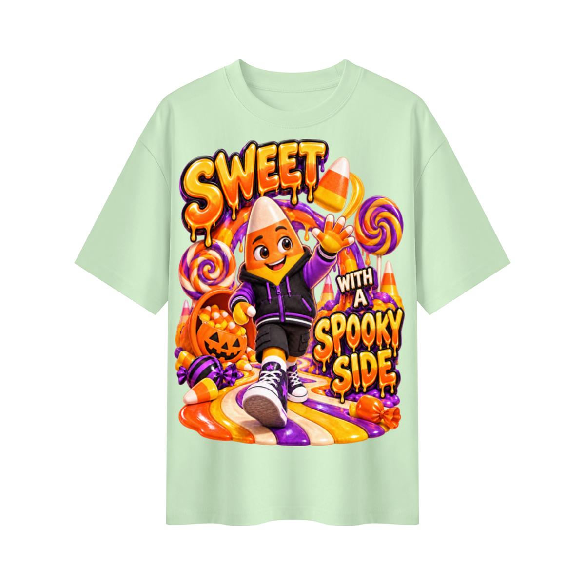 Halloween Candy Corn Oversized Graphic T-Shirt - Sweet With a Spooky Side - Unisex