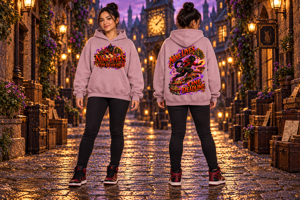 Halloween Black Cat Front & Back Graphic Hoodie - Nine Lives One Deadline - Unisex