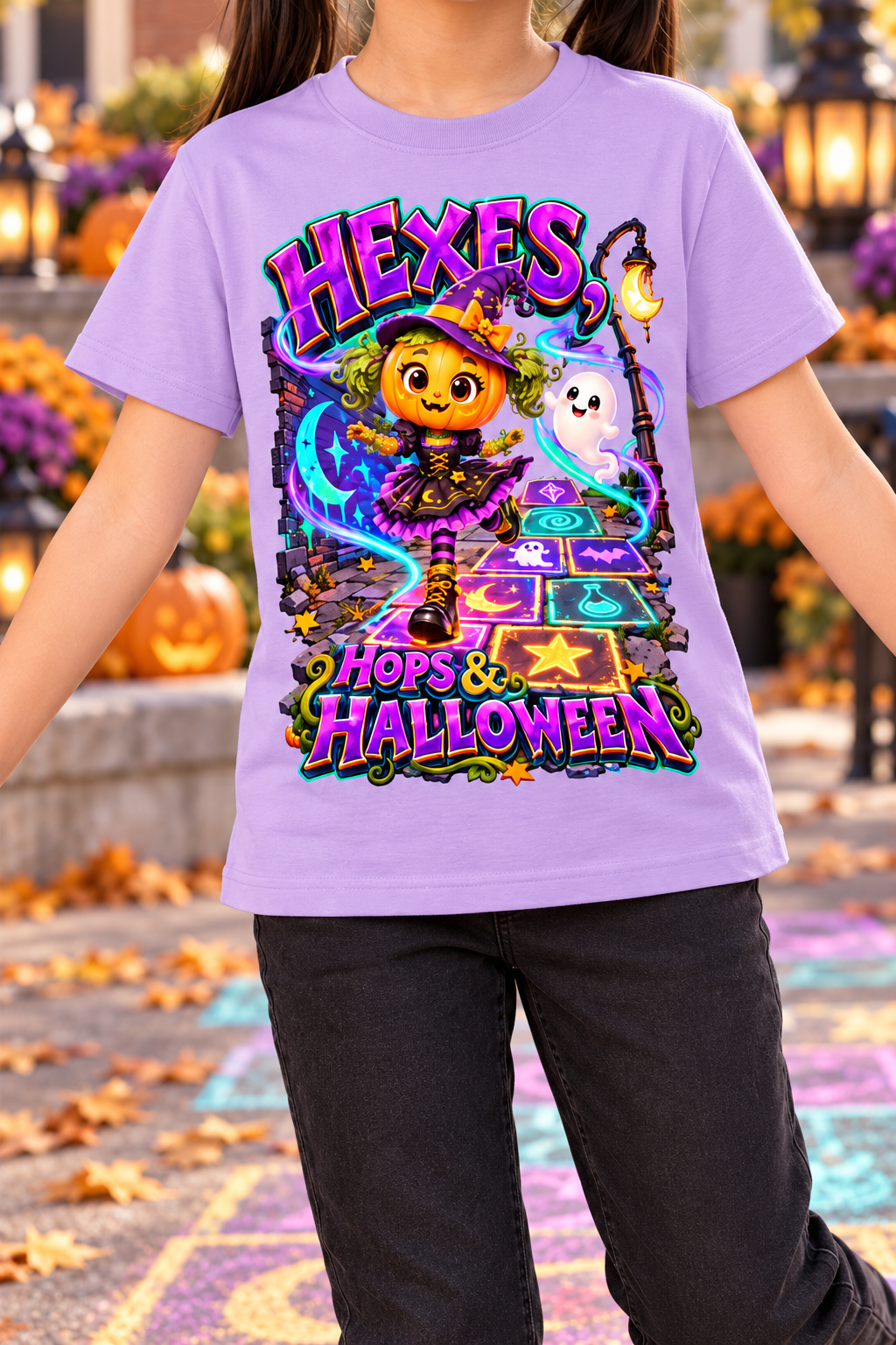 Halloween Pumpkin Witch Graphic T-Shirt - Hexes, Hops & Halloween - Youth Unisex Tee