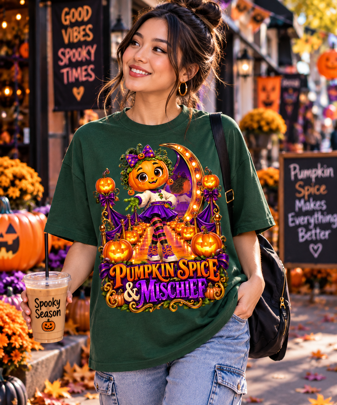 Halloween Pumpkin Girl Oversized Graphic T-Shirt - Pumpkin Spice & Mischief - Unisex