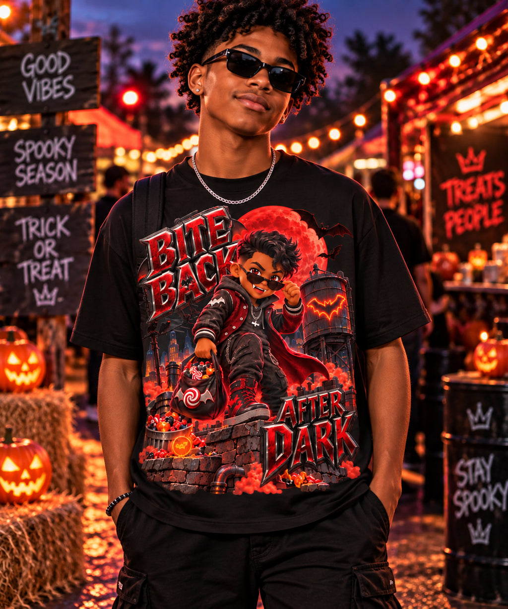 Halloween Kid Vampire Oversized Graphic T-Shirt - Bite Back After Dark - Unisex
