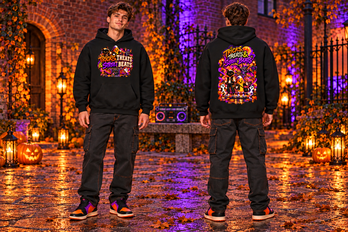 Halloween Tricks, Treats & Street Beats Front & Back Graphic Hoodie - Unisex