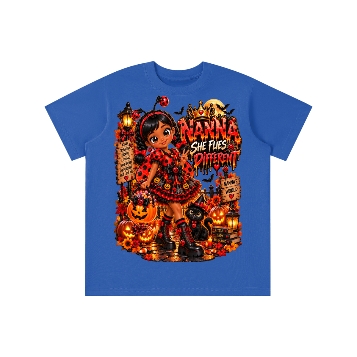 Nanna’s World™ Dream Big Halloween Ladybug Girl Graphic T-Shirt - She Flies Different - Youth Unisex Tee