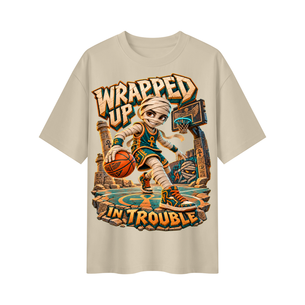 Halloween Mummy Basketball Oversized Graphic T-Shirt - Wrapped Up in Trouble - Unisex
