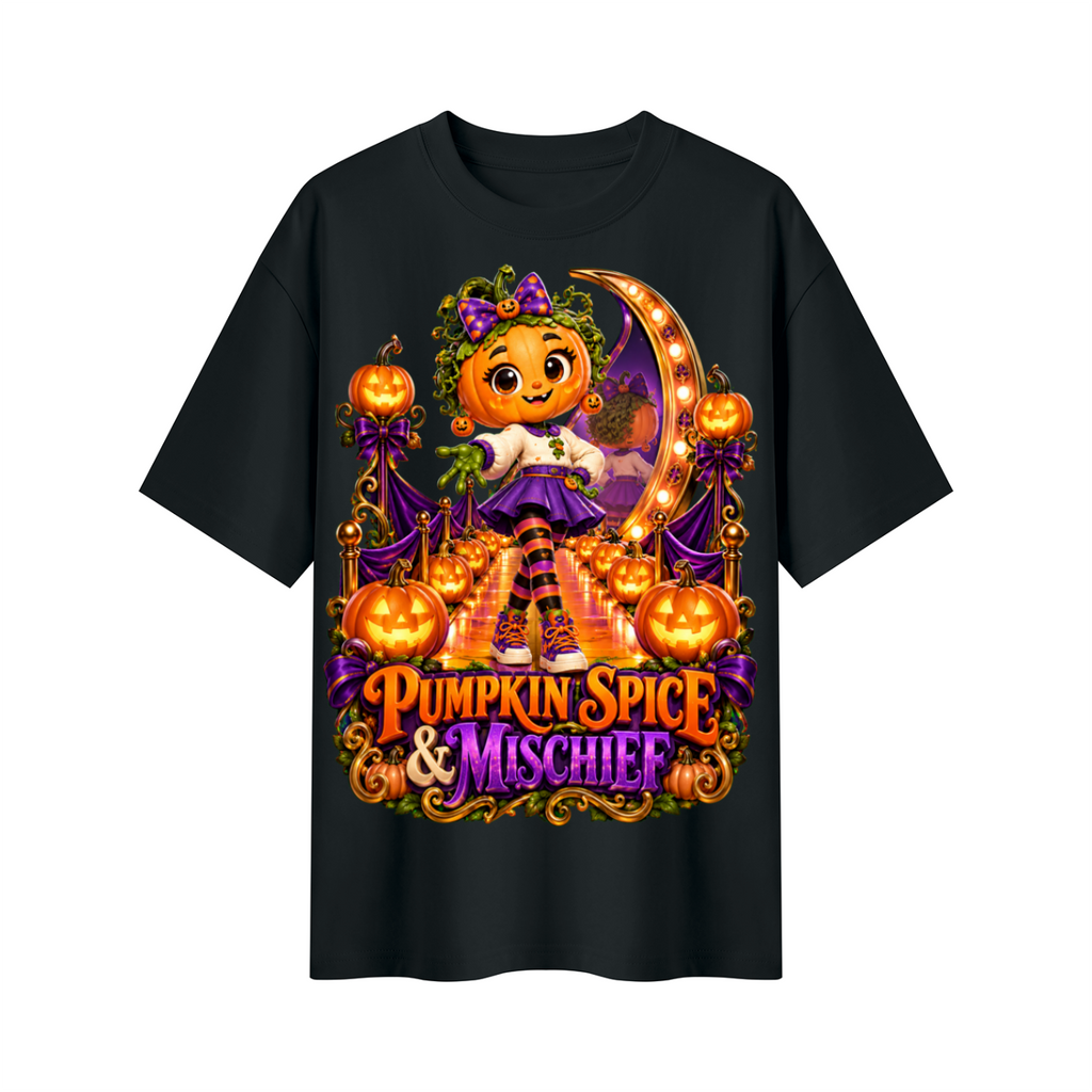 Halloween Pumpkin Girl Oversized Graphic T-Shirt - Pumpkin Spice & Mischief - Unisex