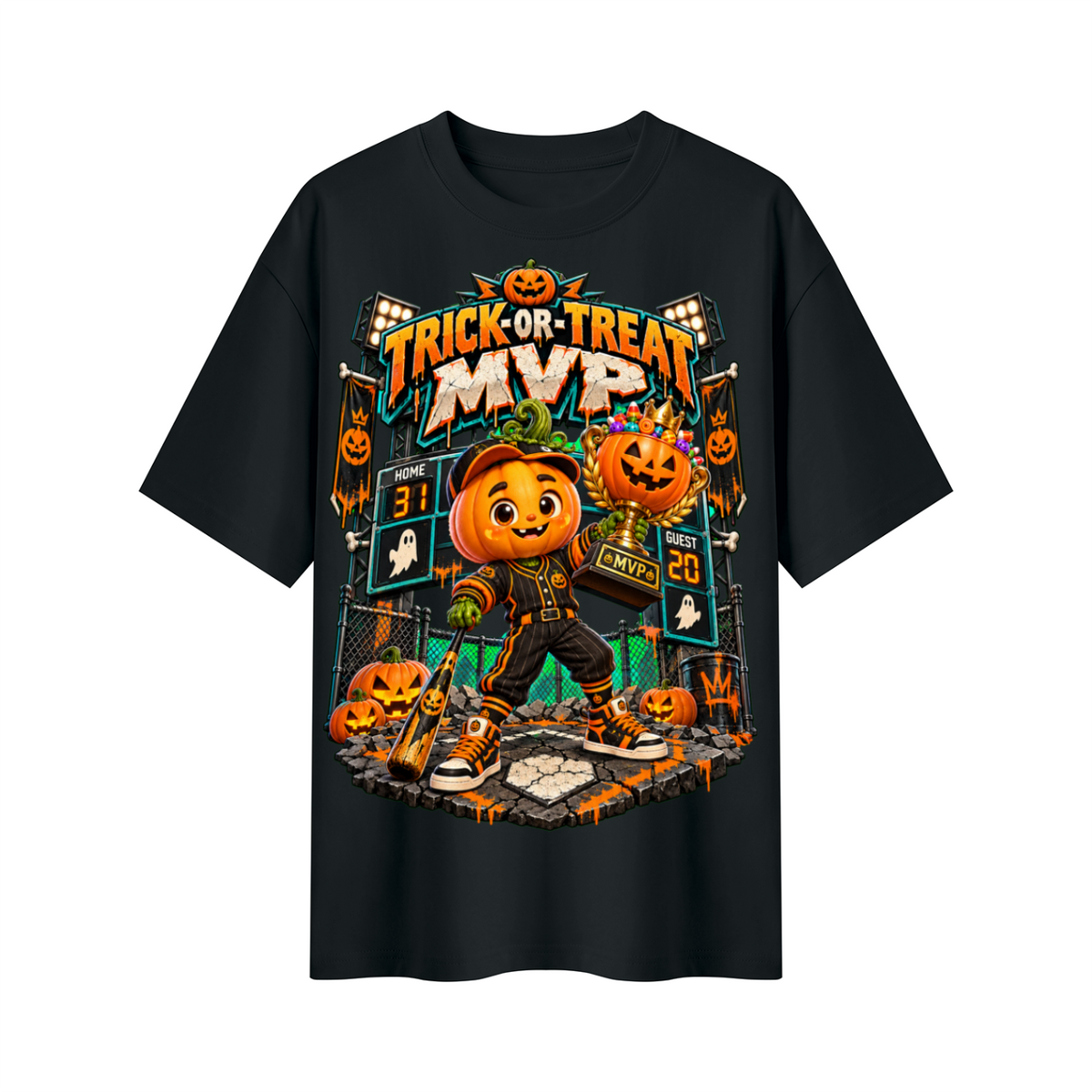 Halloween Pumpkin Baseball Oversized Graphic T-Shirt - Trick-or-Treat MVP - Unisex