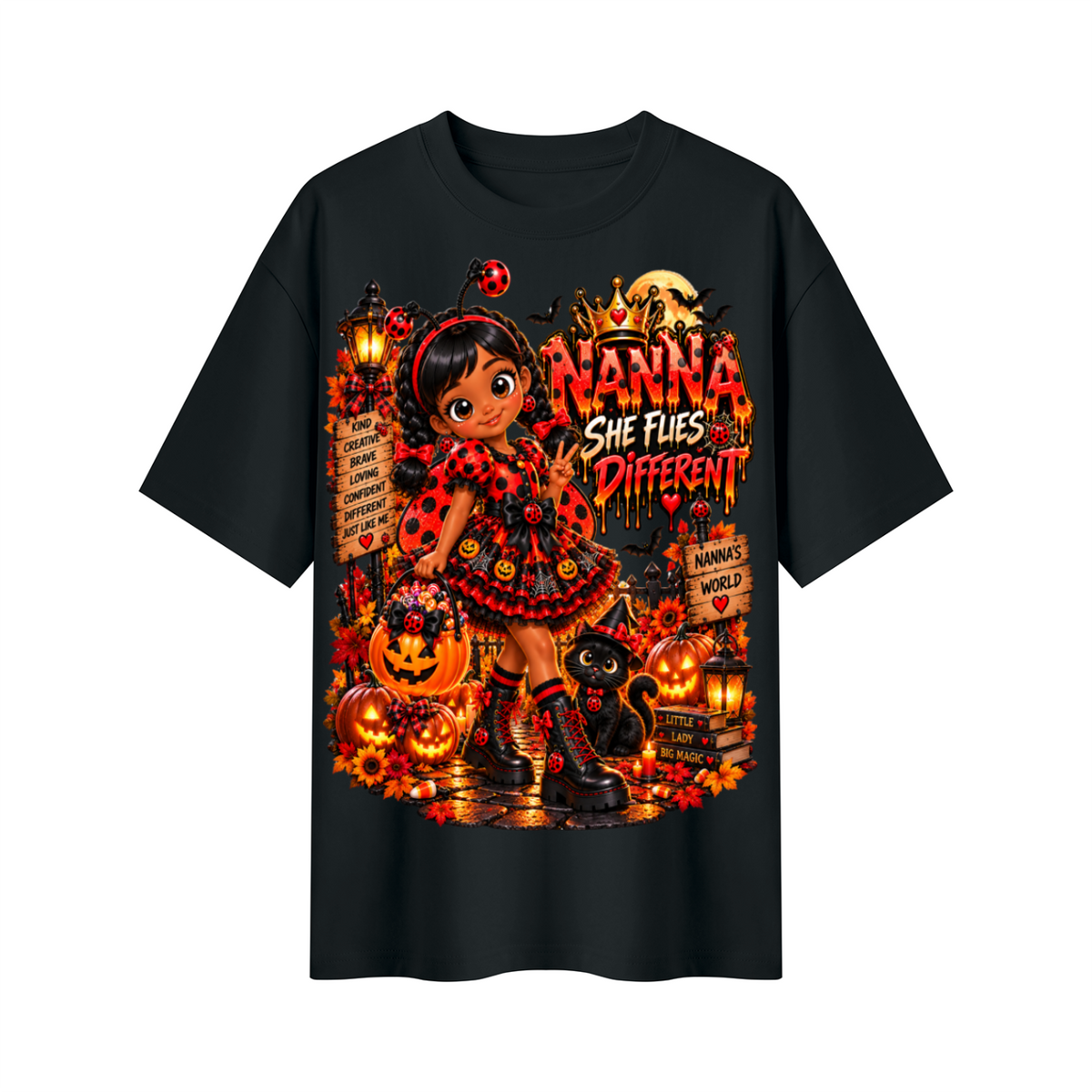 Nanna's World Dream Big Halloween Ladybug Girl Oversized Graphic T-Shirt - She Flies Different - Unisex