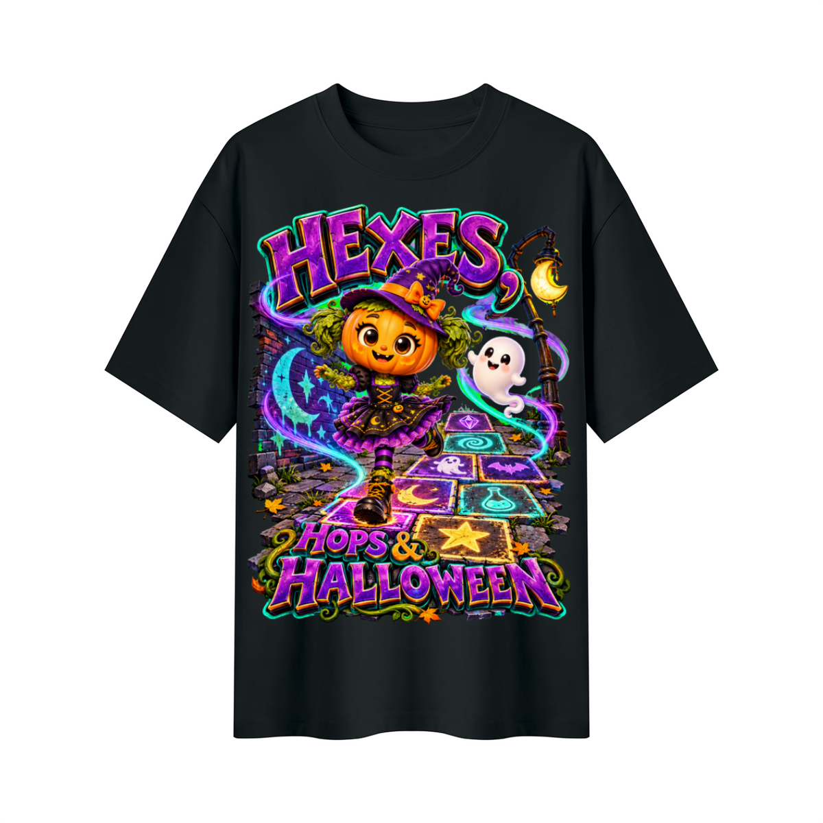 Pumpkin Witch Girl Oversized Graphic T-Shirt - Hexes, Hops & Halloween - Unisex
